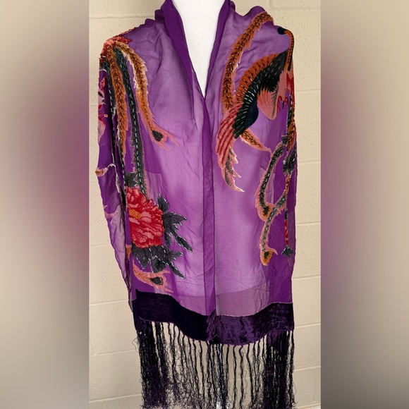 Beaded Silk Sheer Wrap Shawl Scarf Floral Birds Boho Beaded Fairy Artsy - Picture 2 of 10